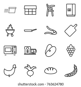Thin line icon set : delivery, market, Chair for babies, fridge, bbq, pan, walnut crack, cutting board, microwave oven, food processor, beans, grape, chicken, beet, bread, peas