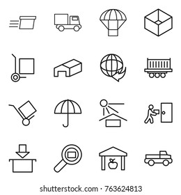 Thin line icon set : delivery, truck, parachute, box, cargo stoller, warehouse, shipping, trolley, dry, sun potection, courier, package, search, pickup