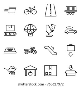 Thin line icon set : delivery, bike, road, truck shipping, transporter tape, parachute, broken, car baggage, taxi, motorcycle, escalator, get, wheelbarrow, warehouse, package