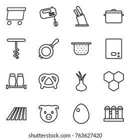 Thin line icon set : delivery, mixer, stands for knives, pan, corkscrew, colander, kitchen scales, salt pepper, pretzel, onion, honeycombs, field, pig, egg, grain elevator