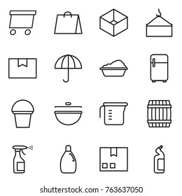 Thin line icon set : delivery, shopping bag, box, loading crane, package, dry cargo, washing, fridge, bucket, cauldron, measuring cup, barrel, sprayer, cleanser, toilet