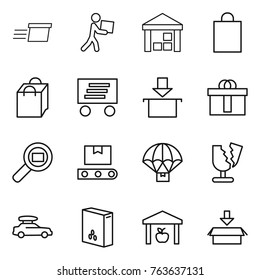 Thin line icon set : delivery, courier, warehouse, shopping bag, package, hi quality, cargo search, transporter tape, parachute, broken, car baggage, cereals