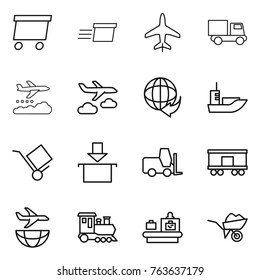 Thin line icon set : delivery, plane, truck, weather management, journey, sea shipping, trolley, package, fork loader, railroad, train, baggage checking, wheelbarrow
