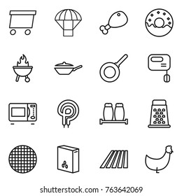 Thin line icon set : delivery, parachute, chicken leg, donut, bbq, pan, mixer, microwave oven, elecric, salt pepper, grater, sieve, cereals, field
