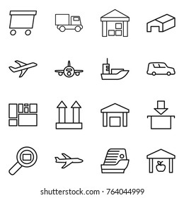 Thin line icon set : delivery, truck, warehouse, plane, sea shipping, car, consolidated cargo, top sign, package, search, cruise ship