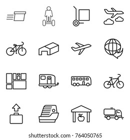 Thin line icon set : delivery, hoverboard, cargo stoller, journey, bike, warehouse, plane, consolidated, trailer, bus, baggage, cruise ship, sweeper