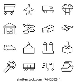 Thin line icon set : delivery, plane, truck, parachute, warehouse, journey, car shipping, loading crane, cargo top sign, package, search, railroad, fast deliver, cruise ship