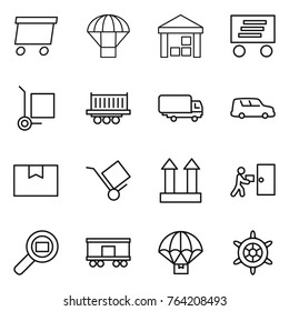 Thin line icon set : delivery, parachute, warehouse, cargo stoller, truck shipping, car, package box, trolley, top sign, courier, search, railroad, handwheel
