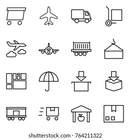 Thin line icon set : delivery, plane, cargo stoller, journey, truck shipping, loading crane, consolidated, dry, package, railroad, fast deliver, warehouse