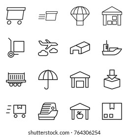 Thin line icon set : delivery, parachute, warehouse, cargo stoller, journey, sea shipping, truck, dry, package, fast deliver, cruise ship