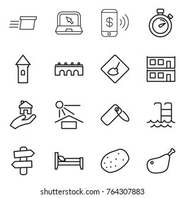 Thin line icon set : delivery, notebook, phone pay, stopwatch, tower, bridge, under construction, modular house, real estate, sun potection, label, pool, signpost, bed, potato, chicken leg