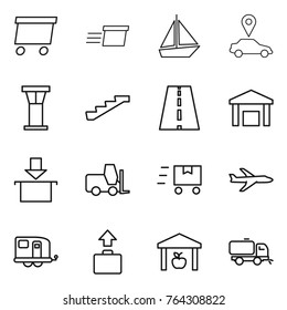 Thin line icon set : delivery, boat, car pointer, airport tower, stairs, road, warehouse, package, fork loader, fast deliver, plane, trailer, baggage, sweeper