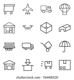 Thin line icon set : delivery, plane, truck, parachute, warehouse, drone, box, shipping, trolley, dry cargo, package, fast deliver