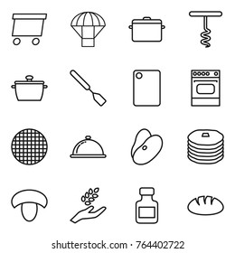 Thin line icon set : delivery, parachute, pan, corkscrew, spatula, cutting board, oven, sieve, meal cap, beans, pancakes, mushroom, harvest, pills bottle, bread