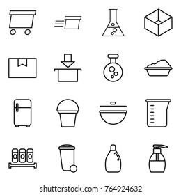 Thin line icon set : delivery, flask, box, package, chemical, washing, fridge, bucket, cauldron, measuring cup, spices, trash bin, cleanser, liquid soap