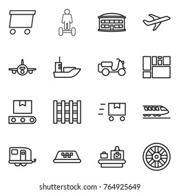 Thin line icon set : delivery, hoverboard, airport building, plane, sea shipping, scooter, consolidated cargo, transporter tape, pallet, fast deliver, train, trailer, taxi, baggage checking, wheel
