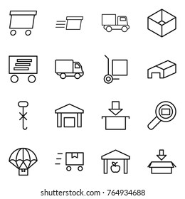 Thin line icon set : delivery, truck, box, cargo stoller, warehouse, do not hook sign, package, search, parachute, fast deliver