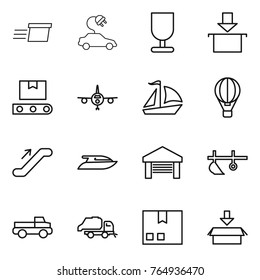 Thin line icon set : delivery, electric car, fragile, package, transporter tape, plane, sail boat, air ballon, escalator, yacht, garage, plow, pickup, trash truck