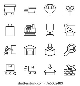Thin line icon set : delivery, parachute, gift, shopping bag, cashbox, fragile, sun potection, courier, warehouse, package, cargo search, transporter tape, fast deliver, construct garbage