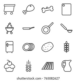 Thin line icon set : delivery, chicken leg, bone, cutting board, bbq, pan, ladle, fridge, plates, potato, spikelets, cupcake, field, jug