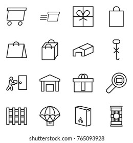 Thin line icon set : delivery, gift, shopping bag, warehouse, do not hook sign, courier, hi quality package, cargo search, pallet, parachute, cereals, pasta