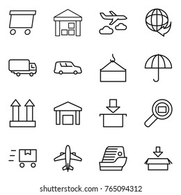 Thin line icon set : delivery, warehouse, journey, shipping, car, loading crane, dry cargo, top sign, package, search, fast deliver, airplane, cruise ship