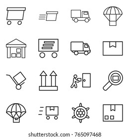 Thin line icon set : delivery, truck, parachute, warehouse, package box, trolley, cargo top sign, courier, search, fast deliver, handwheel
