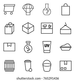 Thin line icon set : delivery, parachute, round flask, shopping bag, box, tools, loading crane, package, chemical, uv cream, washing, barrel, trash bin, bucket