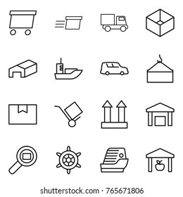 Thin line icon set : delivery, truck, box, warehouse, sea shipping, car, loading crane, package, trolley, cargo top sign, search, handwheel, cruise ship