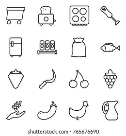 Thin line icon set : delivery, toaster, hob, blender, fridge, spices, flour, fish, berry, sickle, cherry, grape, harvest, eggplant, chicken, jug