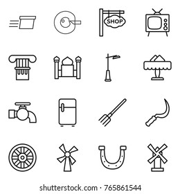 Thin line icon set : delivery, cell corection, shop signboard, tv, column, minaret, outdoor light, restaurant, water tap, fridge, fork, sickle, wheel, windmill, horseshoe