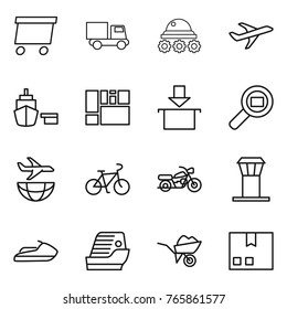 Thin line icon set : delivery, truck, lunar rover, plane, port, consolidated cargo, package, search, shipping, bike, motorcycle, airport tower, jet ski, cruise ship, wheelbarrow