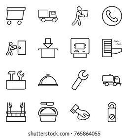 Thin line icon set : delivery, truck, courier, phone, package, atm, hotel, repair tools, meal cap, wrench, sweeper, skysrcapers cleaning, washing powder, wiping, do not distrub
