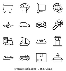 Thin line icon set : delivery, parachute, cargo stoller, plane, car shipping, scooter, search, train, sail boat, taxi, airport tower, yacht, pickup, package
