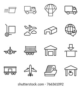 Thin line icon set : delivery, truck, parachute, cargo stoller, journey, warehouse, plane, shipping, package, railroad, airplane, cruise ship