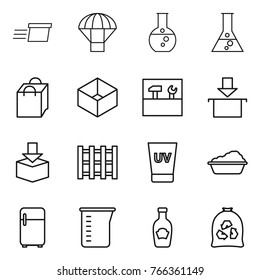 Thin line icon set : delivery, parachute, round flask, shopping bag, box, tools, package, pallet, uv cream, washing, fridge, measuring cup, ketchup, garbage