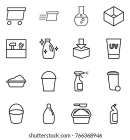 Thin line icon set : delivery, round flask, box, tools, cleanser, package, uv cream, washing, bucket, sprayer, trash bin, powder, toilet