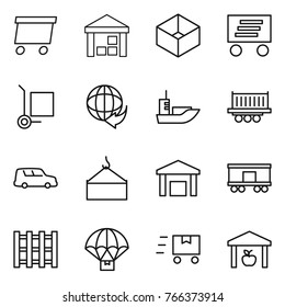 Thin line icon set : delivery, warehouse, box, cargo stoller, sea shipping, truck, car, loading crane, railroad, pallet, parachute, fast deliver