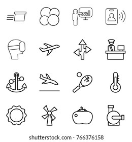 Thin line icon set : delivery, atom core, presentation, pass card, virtual mask, plane, route, customs control, anchor, arrival, tennis, thermometer, induction oven, windmill, tomato, water pump