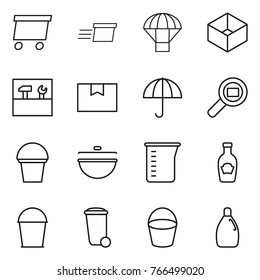 Thin line icon set : delivery, parachute, box, tools, package, dry cargo, search, bucket, cauldron, measuring cup, ketchup, trash bin, cleanser