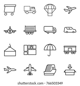 Thin line icon set : delivery, truck, parachute, plane, shipping, car, loading crane, consolidated cargo, dry, railroad, airplane, cruise ship, package