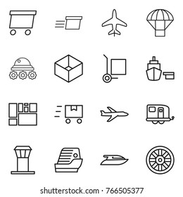 Thin line icon set : delivery, plane, parachute, lunar rover, box, cargo stoller, port, consolidated, fast deliver, trailer, airport tower, cruise ship, yacht, wheel