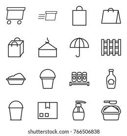 Thin line icon set : delivery, shopping bag, loading crane, dry cargo, pallet, washing, bucket, spices, ketchup, package, liquid soap, powder