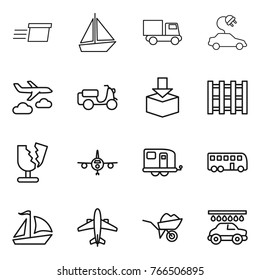 Thin line icon set : delivery, boat, truck, electric car, journey, scooter shipping, package, pallet, broken, plane, trailer, bus, sail, airplane, wheelbarrow, wash