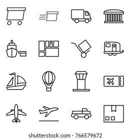 Thin line icon set : delivery, airport building, port, consolidated cargo, trolley, trailer, sail boat, air ballon, tower, ticket, airplane, departure, pickup, package