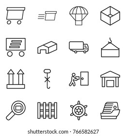 Thin line icon set : delivery, parachute, box, warehouse, shipping, loading crane, cargo top sign, do not hook, courier, search, pallet, handwheel, cruise ship