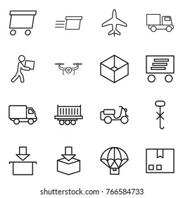 Thin line icon set : delivery, plane, truck, courier, drone, box, shipping, scooter, do not hook sign, package, parachute