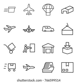 Thin line icon set : delivery, plane, parachute, warehouse, car shipping, loading crane, trolley, courier, package, fast deliver, cruise ship