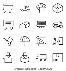 Thin line icon set : delivery, truck, parachute, box, warehouse, shipping, scooter, trolley, dry cargo, sun potection, courier, package, fast deliver