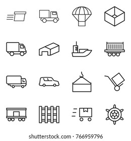 Thin line icon set : delivery, truck, parachute, box, warehouse, sea shipping, car, loading crane, trolley, railroad, pallet, fast deliver, handwheel
